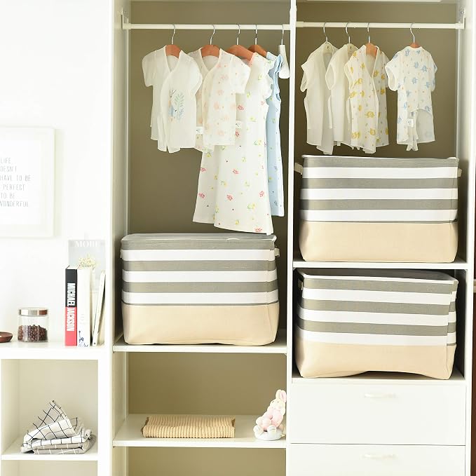 Jumbo Storage Bins Baskets, Sturdy Fabric Organizing Basket W/Handles, Decorative Foldable Storage Baskets for Shelves Closet Nursery Toy (Grey&White Stripes 3 Pack, 20.5Lx15.7Wx13.8H in) - Image 8