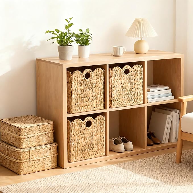 Scalloped Wicker Storage Cubes Basket, 12”x12“ Heavy Duty Paper rope/Hyacinth/Seagrass Baskets for Shelves, Foldable Natural Boho Square Bins (Water Hyacinth&10.5 x 10.5 x 10.5in&4-Pack) - Image 4