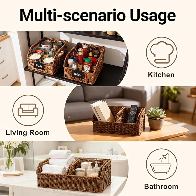 Brownlily Faux Wicker Pantry Storage Baskets, Brown-Double Set (6-Piece) | Handwoven Baskets for Organizing with Built-in Handles, All-Purpose Storage Baskets with Chalkboard for Shelves,Laundry Room - Image 5