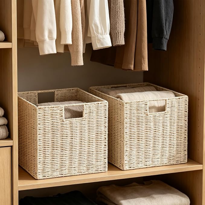 Wicker Storage Basket, Set of 2 Hand-Woven Paper Rope Storage Baskets, Foldable Cube Storage Organizer Bins, 11 Inch Wicker Storage Baskets for Shelves and Decor, Square Storage Basket, Beige - Image 5
