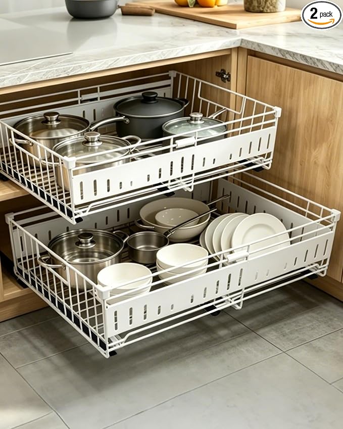 KimHong 2 Pack Pull Out Cabinet Organizer, Expandable Drawer Organizer with Adjustable Width 12.4"-19.5", Adhesive No Drill Under Cabinet Shelves for Home Kitchen Pantry with Silent Slides by Unknown