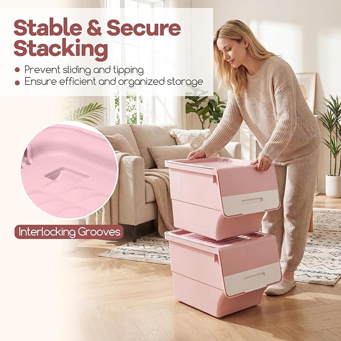 GIANTEX 3 Pack Plastic Stackable Storage Bins with Lids & Wheels, 35 QT | Open Front Stacking Bins, Organizer Bins for Pantry, Kitchen, Laundry, Closet, Playroom, Bedroom Organization - Image 4