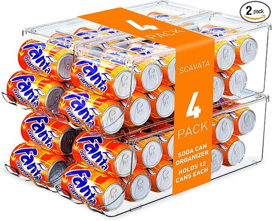 SCAVATA 4 Pack Soda Can Organizer for Refrigerator, Stackable Canned Food Pop Cans Container Can Holder Dispenser with Lid for Fridge Rack Freezer, Clear Storage Bins-Holds 12 Cans Each (Transparent) by Tidyyourlife