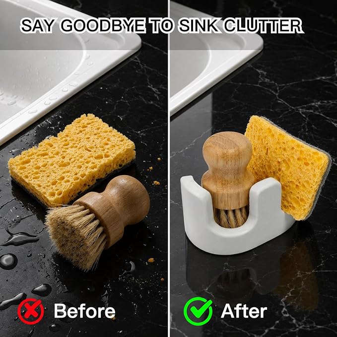White Marble Sponge Holder for Kitchen Sink, Dual Slot Stone Caddy,Carrara White | 2-in-1 Natural Stone Sponge & Brush Holder, Raised Edge Helps Catch Water, Keeps Countertops Dry , Keeps Countertop Dry - Image 4