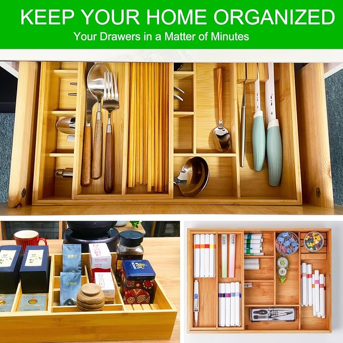 COIWAI Double Layer Bamboo Drawer Organizer Cutlery Utensil Silverware Drawer Organizer, cutlery Silverware Tray for Drawer, Utensil Holder Drawer Dividers for Flatware (L: 16.85 × 12.2 in) - Image 7