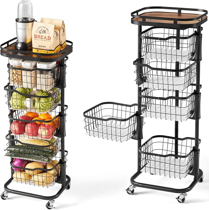 5 Tier Rotating Kitchen Storage Cart, Fruit Vegetable Potato Rack Stand | Patented Swivel Part Spin Smoothly Even Full. Rustproof. One-Piece Wire Bin Prevent Sagging. Keep Onion, Veggie, Spices Fresh by OcyfymHome