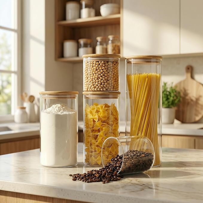 Multi Size - 5 Pack Glass Jars with Bamboo Lids, Glass Pantry Storage Containers with Airtight Lids, Round Air Tigh Food Storage Canisters for Cereal, Pasta, Flour, Sugar, Best for Kitchen Organizer - Image 2