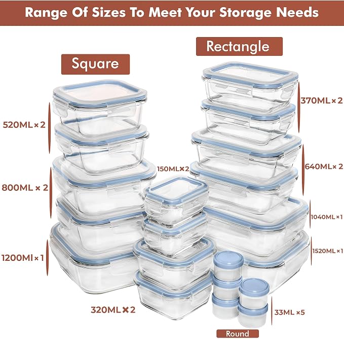 Razab 35 Pc Set Glass Food Storage Containers with Lids - Meal Prep Airtight Bento Boxes BPA-Free 100% Leak Proof (15 lids,15 glass & 5 Plastic Sauce/Dip Containers) - Image 2