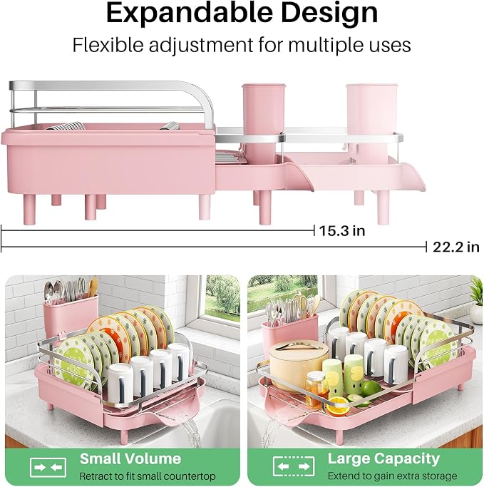 SAYZH Expandable Dish Drying Rack for Small Kitchen Counter, Pink | Stainless Steel, Protective Guardrail, Angled Drainboard, Fits High-Rim Sinks, Removable Utensil Holder - Image 2