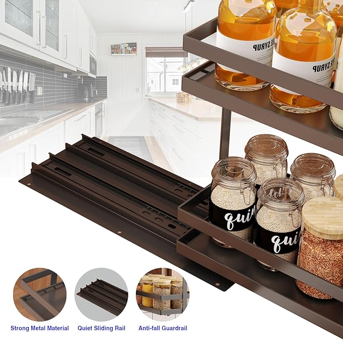 Mustorn Pull Out Spice Rack Organizer for Cabinet, 2 Tier Metal Slide Out Seasoning Organizer and Storage Heavy Duty Vertical Spice Rack Shelf Pullout for Kitchen Cabinets No Drilling(1 Pack, Black) - Image 3