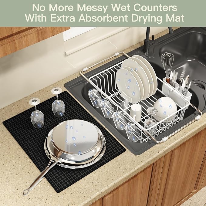 White Dish Drying Rack Over The Sink with Utensil Holder, Mat | Expandable Stainless Steel Dish Drainer for Small Kitchen, Apartment, RV, Counter Space Saving, Perfect Fit, Rustproof - Image 5