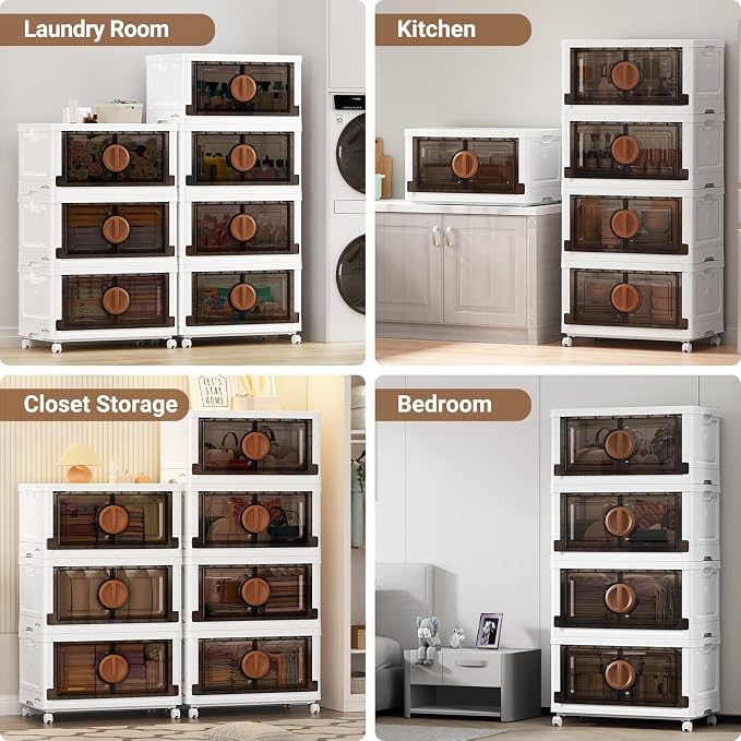 BROVIEW 480Qt Lockable Stackable Storage Bins with Lids, Closet Organizers and Storage Drawer, Collapsible Storage Bin with Wheels, Plastic Cabinet for Toy Clothes Dorm Organizer, V9 4 Pack Brown - Image 6