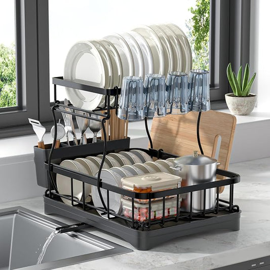 2 Tier Dish Rack, Carbon Steel Dish Drying Rack for Kitchen Organization & Storage, Countertop / Sink Dish Rack with Automatic Drain Tray, Large Capacity Black Dish Rack - Essential Home Kitchen Item by Unknown