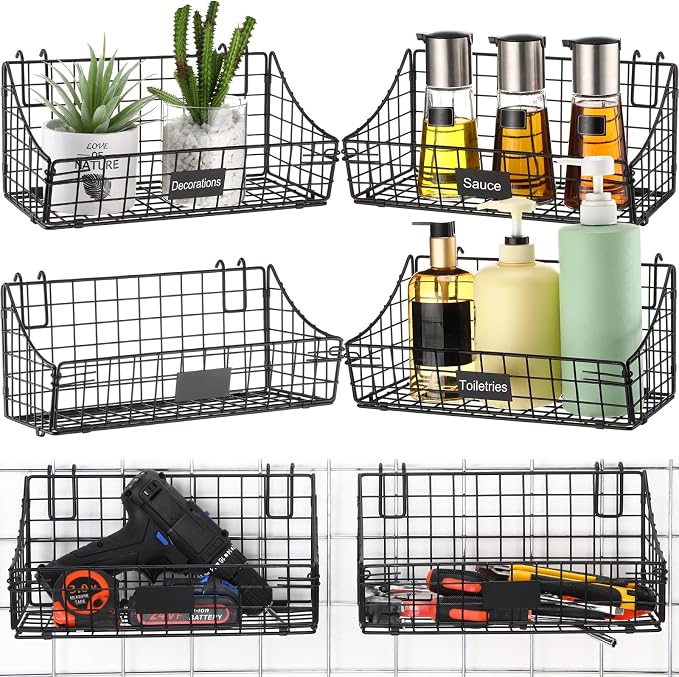 Blulu 4 Pcs Black Grid Wall Baskets, Metal Wire Wall Basket with Hooks Hanging Storage Organization Accessory for Vendor Trade Shows Kitchen Bathroom Pantry Supplies(11 x 6 x 5 Inch) by Blulu