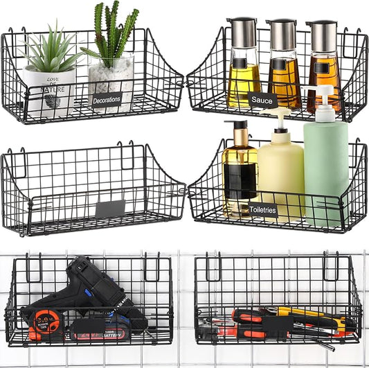 Blulu 4 Pcs Black Grid Wall Baskets, Metal Wire Wall Basket with Hooks Hanging Storage Organization Accessory for Vendor Trade Shows Kitchen Bathroom Pantry Supplies(11 x 6 x 5 Inch) by Blulu