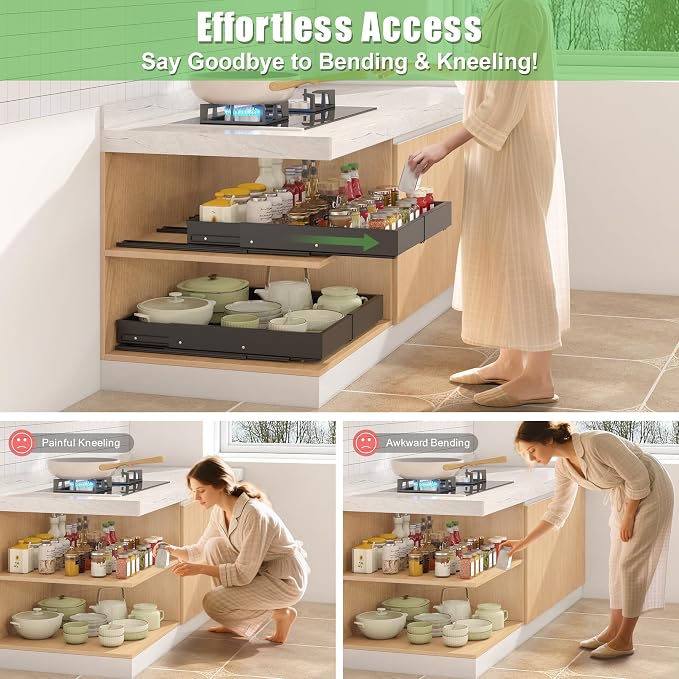 2 Pcs Pull Out Drawers for Cabinets Organizer Expandable Width(11.8"-19.4"), Depth(16.45"-21.7") With 3 Rails, No Drill Roll Out Drawer, Adhesive Sliding Drawers for Kitchen Pantry Storage (Black) - Image 4