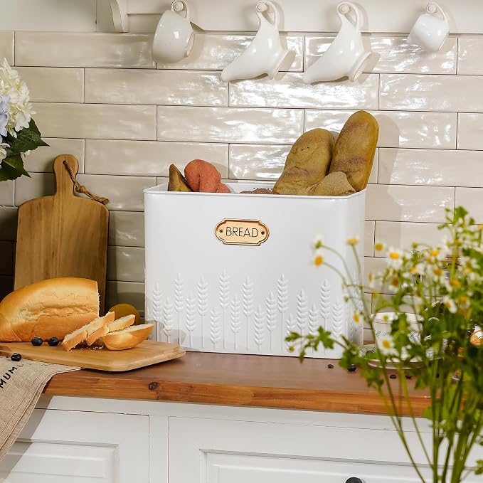 Extra Large Ear of Wheat Embossed Bread Box with Bamboo Lid | Corner Breadbox for Homemade Bread, White Metal Bread Storage Container Bin for Kitchen Countertop, Fits 2 Loaves of Bread - Image 3