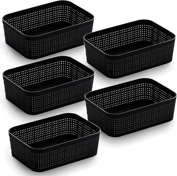 BINO | Woven Plastic Basket | XS (Black), 5-Pack | THE JUTE COLLECTION | Home Organization, Space - Saving Storage, Stylish Design | Jute Basket | Plastic Storage Basket by BINO