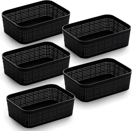 BINO | Woven Plastic Basket | XS (Black), 5-Pack | THE JUTE COLLECTION | Home Organization, Space - Saving Storage, Stylish Design | Jute Basket | Plastic Storage Basket by BINO
