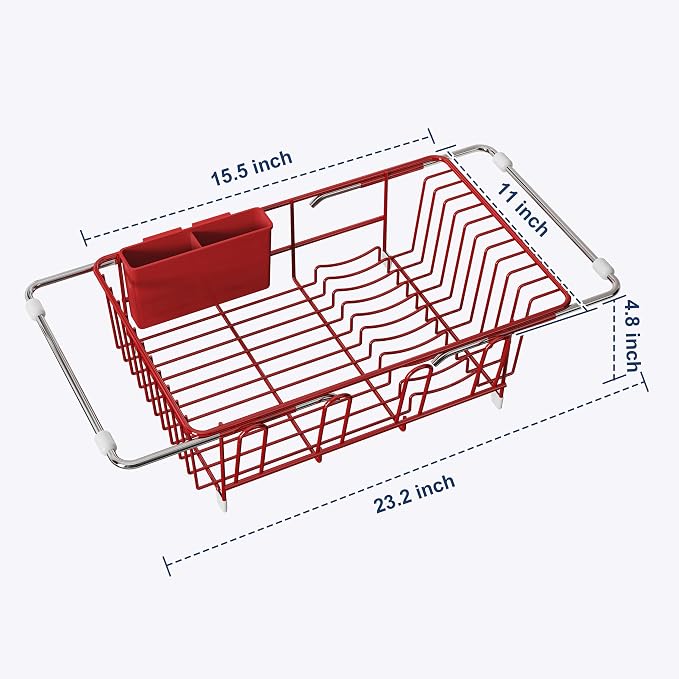 JASIWAY Red Dish Drying Rack in Sink, Dish Drainer with Utensil Holder | Over The Sink Expandable Stainless Steel Strainer Dryer Rack for Small Kitchen, Counter Space Saving, Fast Drain, Rustproof - Image 7