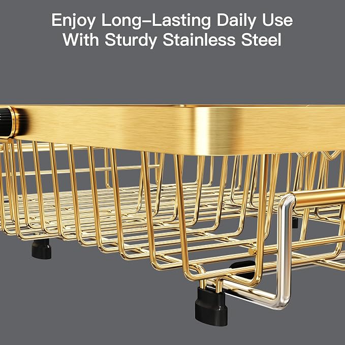 Gold Dish Drying Rack Over The Sink with Utensil Holder | Expandable Stainless Steel Dish Drainer for Small Kitchen, Apartment, RV, Counter Space Saving, Perfect Fit, Rustproof - Image 5