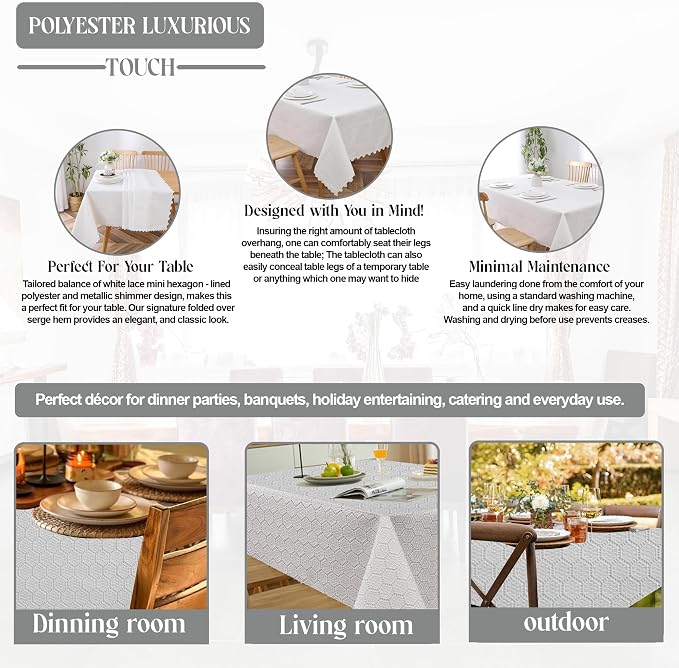 Majestic Giftware Polyester Tablecloths for Rectangle Tables - White Lace | (70/200) - TC1725L Mini Hexagon - Lined Design Dining Table Cover | Decorative Washable Tablecloth for Home, Kitchen, Dining - Image 4