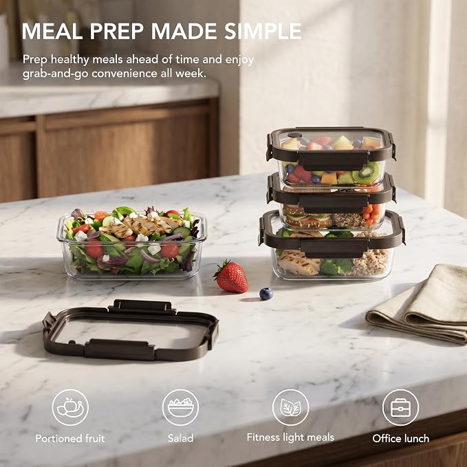 Glass Meal Prep Containers with Glass Lids, 4 Pack Airtight Glass Food Storage Containers, Borosilicate Glass Lunch Containers for Healthy Meal Prep, Microwave Oven Dishwasher Safe, BPA Free - Image 3