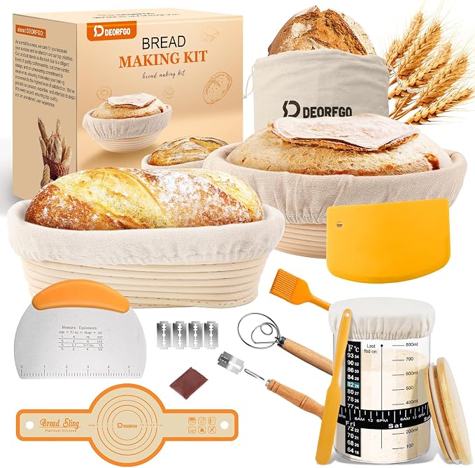 Sourdough Bread Baking Supplies Tools,10 Inch Oval & 9 Inch Round Banneton Bread Proofing Basket Set,Sourdough Starter Kit Gift for Bread Making (white with Starter Jar) by Unknown