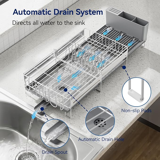 Stainless Steel Dish Drying Rack - Expandable Dish Racks for Kitchen Counter Organizer with Drain Board, Detachable Utensil & Cup Holder, Dish Drainer for Small Kitchen Counter, Grey - Image 4