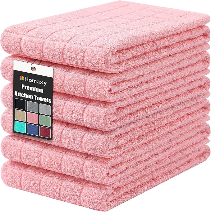 Homaxy Premium Ring Spun Cotton 390 GSM Kitchen Towels, 6 Pack, Pink | 16" x 28" Large Dish Towels, Super Absorbent Terry Hand Towels, Soft Tea Towels with Hanging Loops by Homaxy