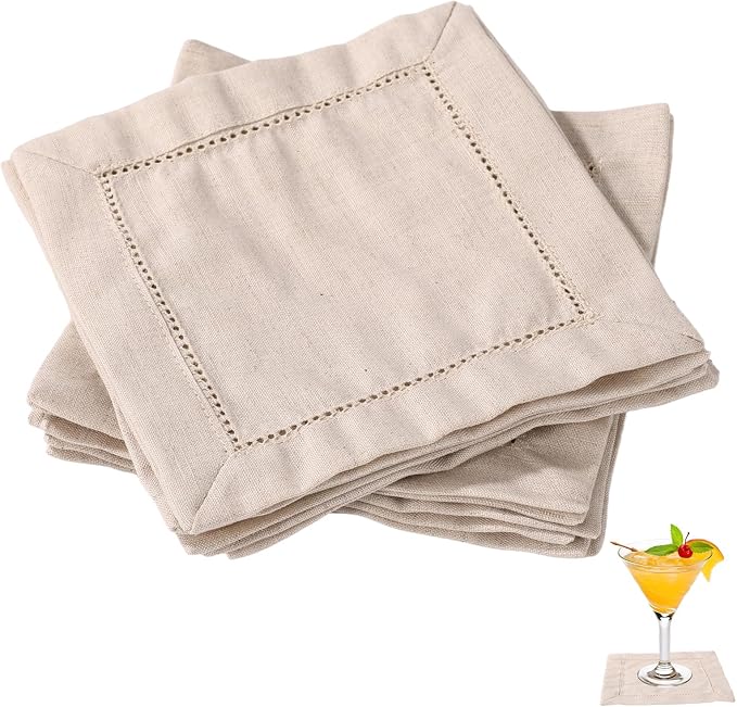 12pcs Linen Feel Cocktail Napkins, 6x6 Inch Reusable Cotton Cloth Serviettes Napkins Hemstitch Coaster Fabric for Wedding Birthday Baby Shower Party Home Table Bar Supplies (Natural) by Unknown