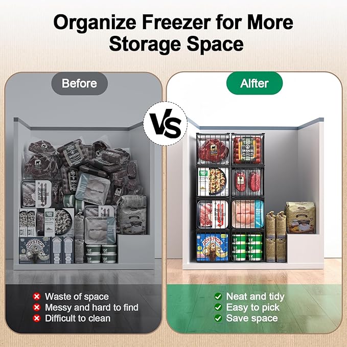 Freezer Organizer Bins, 2 Pack Big Baskets for 5/ 7 Cu.FT Deep Freezer | Stackable Chest Freezer Organizer Bins, Foldable Baskets with Handles, Black Storage Container Baskets for Sort Frozen Meats - Image 5
