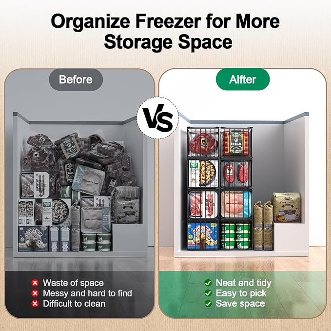 Freezer Organizer Bins, 6 Pack Big Baskets for 5/ 7 Cu.FT Deep Freezer | Stackable Chest Freezer Organizer Bins, Foldable Baskets with Handles, Black Storage Container Baskets for Sort Frozen Meats - Image 6