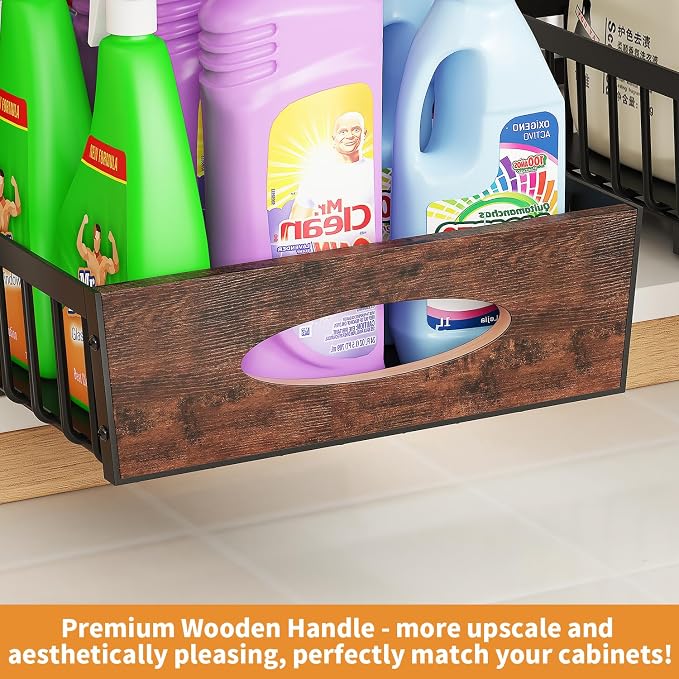 2-Tier Under Sink Organizer with Wooden Drawer Handle, 2 Pack Adjustable Height Pull Out Cabinet Organizer Shelf,Slide out Storage Drawer Rack for Kitchen Bathroom Laundry Room Pantry (Black) - Image 5