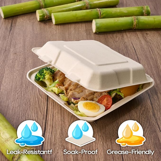 Turbo Bee 100 Pack 8x8inch Natural Take Out Containers with Lids, Large Disposable Clamshell Food Containers for Full Meals, Food Truck, BBQ, Catering & Meal Prep Natural - Image 3