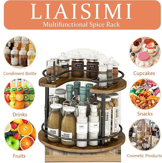 2 Tier Lazy Susan Organizer,2-Tier Spinning Spice Rack with Stable Carousel Base & 4 Height Settings for Cupboard Kitchen Countertop Dining Table Cupboard (Round) - Image 2