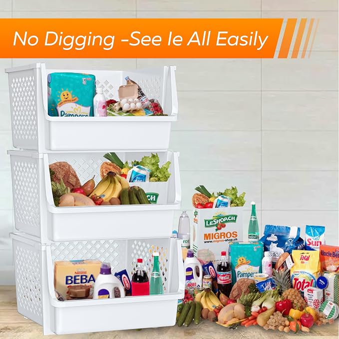 XLarge Stackable Storage Bins Open Front for Pantry Storage, 6 Pack - White | Sturdy Plastic, Easy Stacking, Open Front Access, Ventilated Sides, Vertical & Space Saving Pantry Organizers and Storage Bin - Image 4