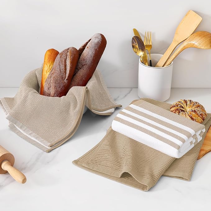 Homaxy Cotton 380 GSM Premium Kitchen Towels, 18"x 28", 6 Pack, Khaki | Soft and Absorbent Terry Dish Towels, Multipurpose Tea Towel Set with Hanging Loop, 3 Styles Kitchen Hand Towels - Image 6