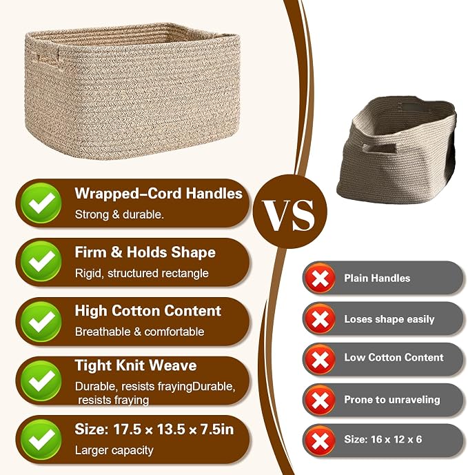 2 Pack Large Storage Basket for Organizing, 17.5"x13"x7" Woven Basket for Shelves, Closet Cube Storage Bins with Wrapped Handle, Cotton Rope Baskets for Kitchen, Clothes, Toys (Natural) - Image 6