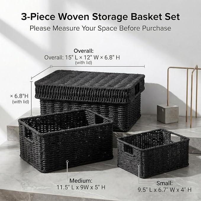 Wicker Storage Basket with Lid for Shelves, 3-Basket Set, Black | One rectangular wicker basket with lid and two open baskets for decorative shelf storage; removable lid flips into a tray. - Image 7