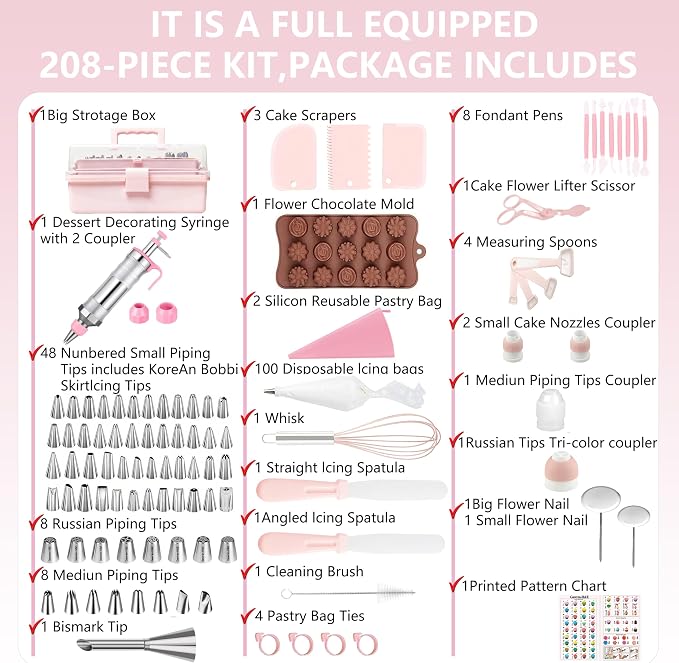 Gawren-H&E 208 PCS Cake Decorating Kit,Baking supplies-Frosting Piping Kit | Cake Decorating Supplies with Icing Dispenser Gun,Piping Bags and Tips Set,Chocolate moulds,Spatulas and more(Light Pink) - Image 2