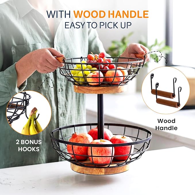 2 Tier Fruit Basket with Banana Hanger, Metal Fruit Bowl Stand with Wooden Base, Kitchen Counter Fruit Organizer for Vegetables, Bread, Snacks Storage Basket - Image 4