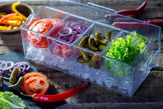 Pikanty Chilled Condiment Server Caddy with Ice Base - 4 Compartments and 4 Serving Tongs Included, Mimosa Bar, Taco Bar, Garnish Tray for Parties, Weddings, BBQs, Dishwasher Safe, Made in USA - Image 7