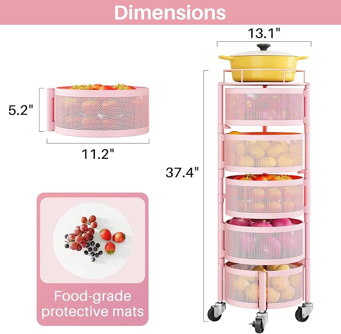 SNTD Fruit and Vegetable Basket Bowls for Kitchen with Metal Top Lid, 5 Tier Rotating Storage Rack Cart for Potato Onion Bread Banana, Wire Basket Organizer on Wheels, Large, Pink - Image 2
