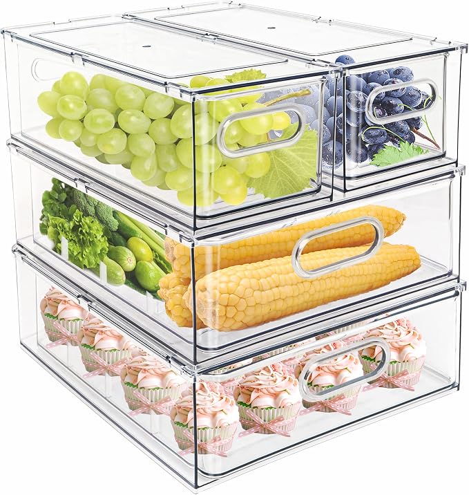 4 pack Stackable Refrigerator Organizer Bins Pull-Out Drawers for Fruit and Veggies Storage Organizer for Fridge Clear Drawer Containers with Handle Divided Organization for Produce Saver by MineSign