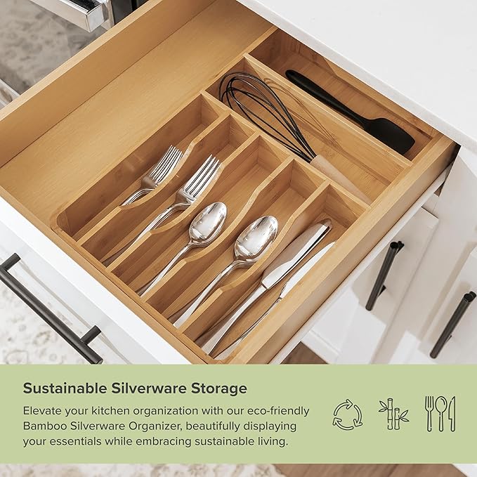 Silverware & Utensil Organizer, Fixed 10.5 in, Bamboo | Cutlery, flatware holder, rounded corners, 7 compartments, non-slip feet, kitchen drawers - Image 5