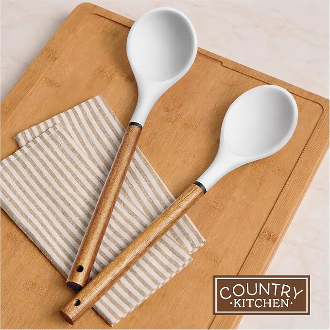 Country Kitchen Non Stick Silicone Utensil Set with Rounded Wood Handles for Cooking and Baking, 8 Piece Set, White - Image 7