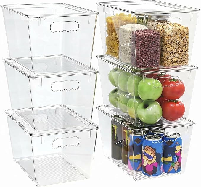 YAN & HIN 6 Pack Clear Storage Bins with Lids, Stackable Plastic Organizer Bins with Handles, Pantry Organizers and Storage for Kitchen Cabinet, Fridge, Bathroom, Closet and Shelf Organization by YANHIN