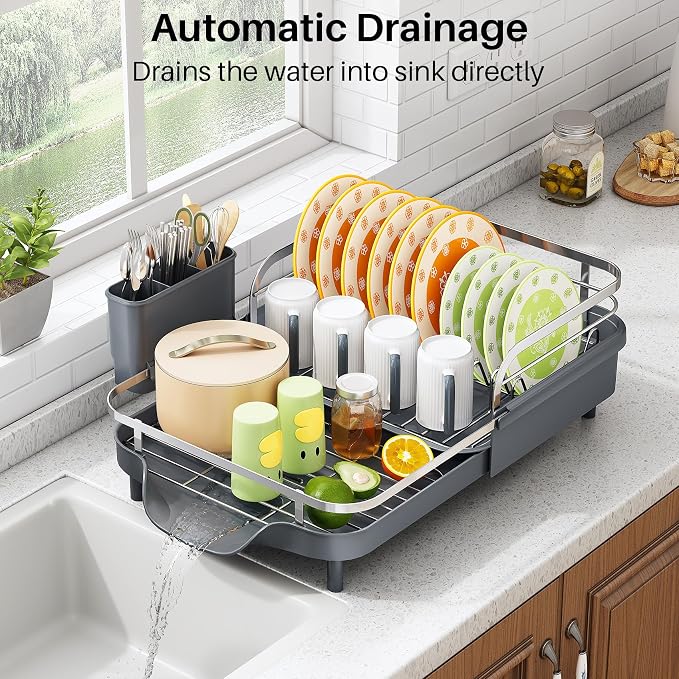 SAYZH Expandable Dish Drying Rack for Small Kitchen Counter, Grey | Stainless Steel, Protective Guardrail, Angled Drainboard, Fits High-Rim Sinks, Removable Utensil Holder - Image 5