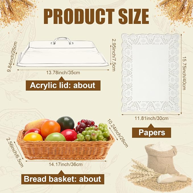 Mumufy 2 Packs Bread Baskets for Serving with Lid 14.17x10.24x2.56'' Imitation Rattan Fruit Storage Basket, and 50 Pcs Food Blotting Sheets for Baker Gift, Kitchen Counter Organization, Bread Display - Image 2